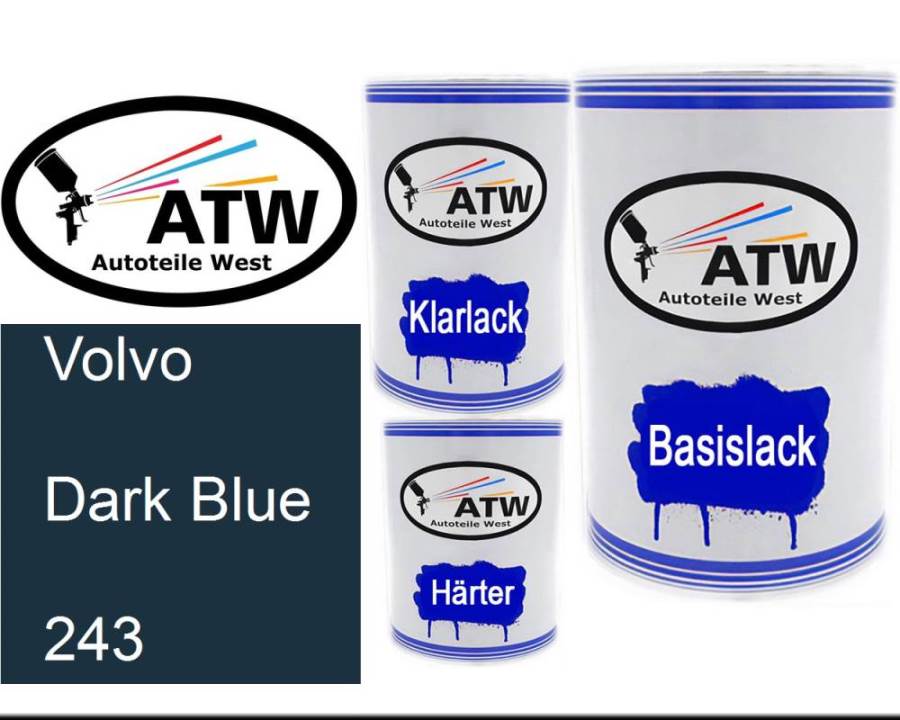 Volvo, Dark Blue, 243: 500ml Lackdose + 500ml Klarlack + 250ml Härter - Set, von ATW Autoteile West.